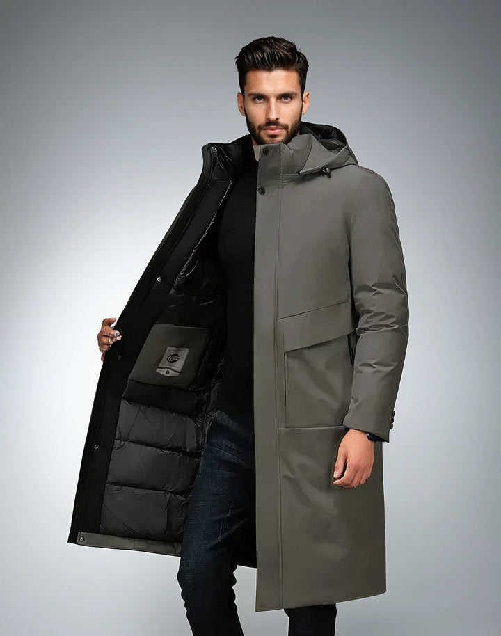 Heren parka winterjas lang model met capuchon en warme voering