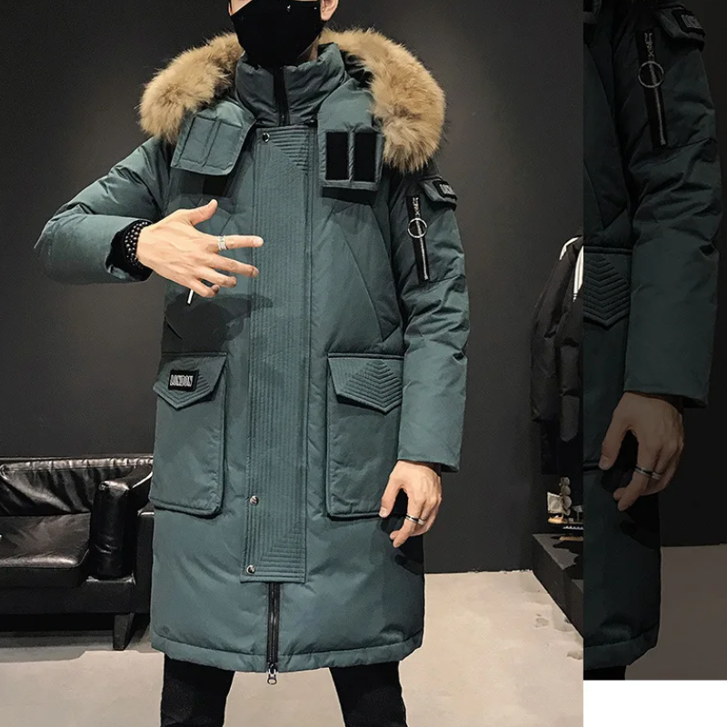 Heren parka winterjas met bont capuchon en lange mouwen