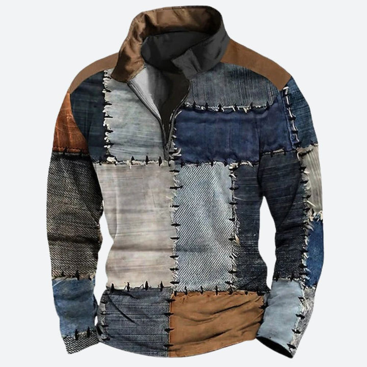 Heren – Patchwork Trui – Denim – Modieuze en Comfortabele Stijl